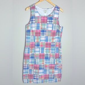 Vintage LL Bean Kennebunkport Madras Pink Blue Plaid Patchwork Dress Size 10